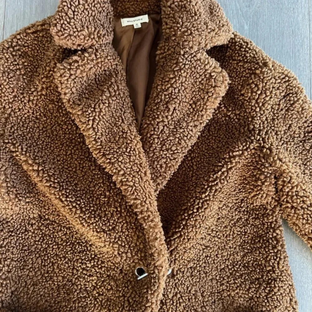 MAX STUDIO Teddy Notch Collar Faux Shearling Car Coat Size Medium - Picture 2 of 8